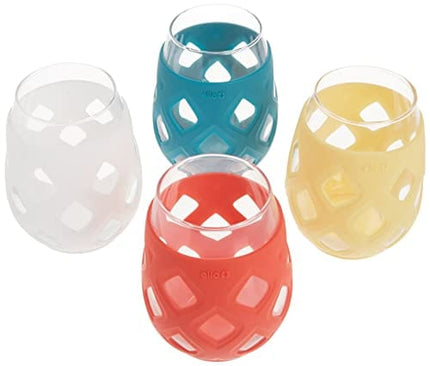 Ello Cru Stemless Glass Wine Set with Protective Silicone Sleeve, Perfect for Gifting, Travel and Entertaining, BPA Free, Dishwasher Safe, Set of 4, Mai Tai, 17oz