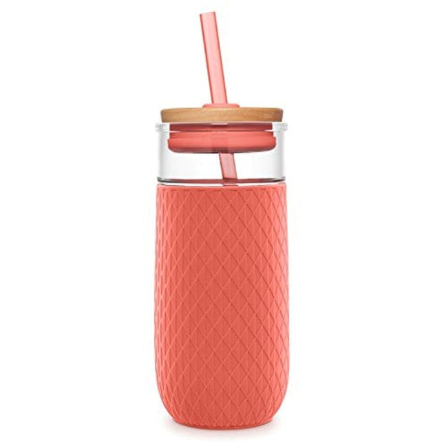 Ello Devon Glass Tumbler with Protective No Sweat Silicone Sleeve and Splash Proof Wooden Detail Lid with Straw, 18 oz