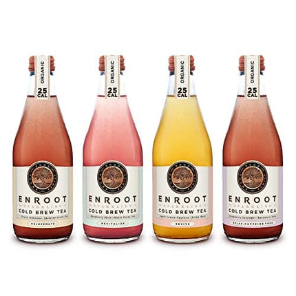 Enroot Organic Non-Alcoholic Beverage – Variety Pack (2x Apple/ 1 Straw. / 2x Rasp / 1 Peach) – Exotic Mocktail Drinks, Cocktail Mixers, Sparkling Cold Brew Iced Tea – Vegan, Gluten Free, Non-GMO, Kosher, No Added Sugar (6 Count of 12 Oz Bottles)