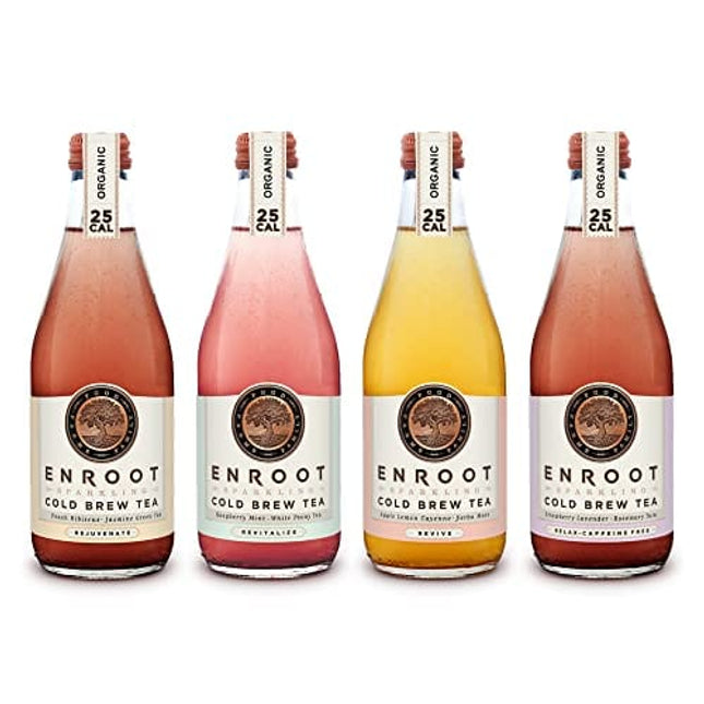 Enroot Organic Non-Alcoholic Beverage – Variety Pack (2x Apple/ 1 Straw. / 2x Rasp / 1 Peach) – Exotic Mocktail Drinks, Cocktail Mixers, Sparkling Cold Brew Iced Tea – Vegan, Gluten Free, Non-GMO, Kosher, No Added Sugar (6 Count of 12 Oz Bottles)