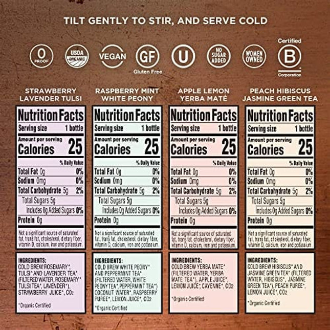 Enroot Organic Non-Alcoholic Beverage – Variety Pack (2x Apple/ 1 Straw. / 2x Rasp / 1 Peach) – Exotic Mocktail Drinks, Cocktail Mixers, Sparkling Cold Brew Iced Tea – Vegan, Gluten Free, Non-GMO, Kosher, No Added Sugar (6 Count of 12 Oz Bottles)