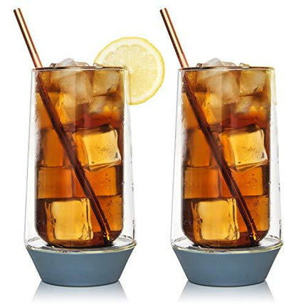 13 oz Glass Highball Cups - Set of 2 - Clear Long High Glasses - Cocktail Drinkware Glassware - Modern Base Tumbler for Tea Water or Drinks by Eparé