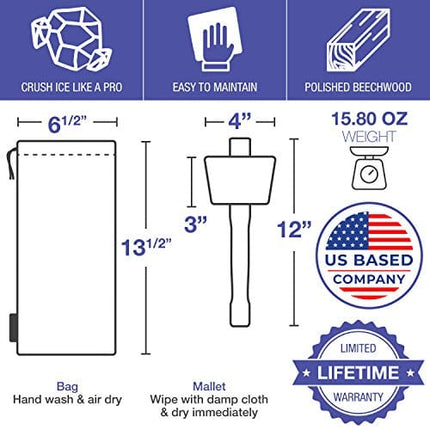 Lewis Bag & Ice Mallet - Manual Ice Crusher Wooden Hammer - Canvas Crushing Bag - Crushed Ice Bar Cocktails - Bartender & Kitchen Tools Kit by Eparé