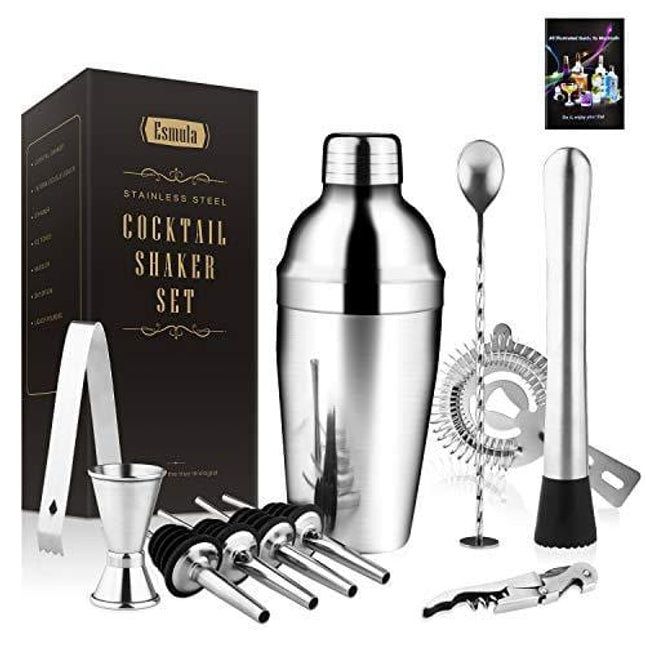 Esmula Cocktail Shaker Set 11 Piece, 18oz Stainless Steel Bartender Kit Professional Martini Mixing Bartending Kit Combination, Home Stylish Bar Tool Set with Cocktail Recipes Booklet