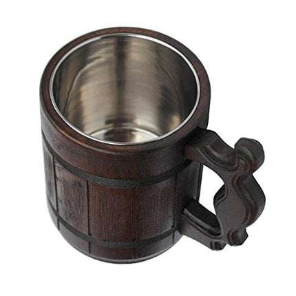Handmade Wood Mug 20 oz Stainless Steel Cup Carved Natural Beer Stein Old-Fashioned Brown - Wood Carving Beer Mug of Wood Wooden Beer Tankard Capacity: 20oz (600ml) - Great Christmas Gift Idea
