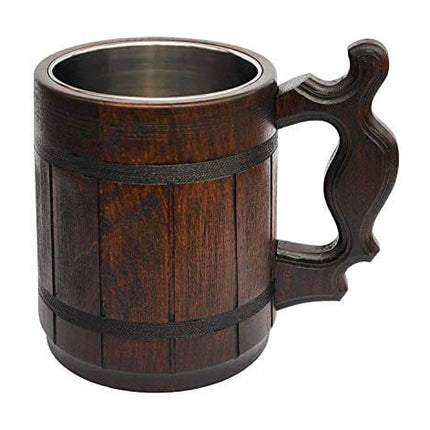 Handmade Wood Mug 20 oz Stainless Steel Cup Carved Natural Beer Stein Old-Fashioned Brown - Wood Carving Beer Mug of Wood Wooden Beer Tankard Capacity: 20oz (600ml) - Great Christmas Gift Idea