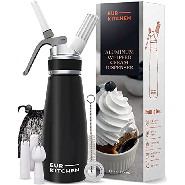 EurKitchen Professional Aluminum Whipped Cream Dispenser - Leak-Free Whip Cream Maker Canister with 3 Decorating Nozzles & Cleaning Brush - 1-Pint / 500 mL Cream Whipper - N2O Chargers (Not Included)