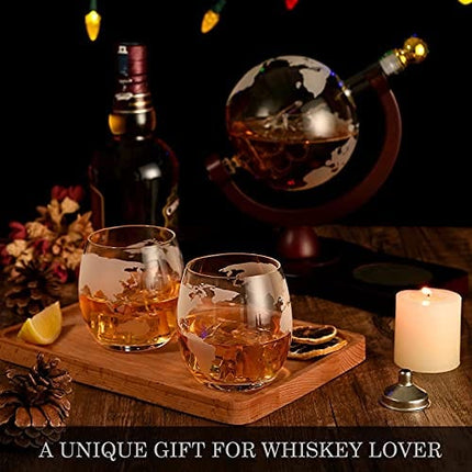 Gifts for Men, Whiskey Decanter Set with 2 Etched Globe Glasses, Unique Stocking Stuffers for Men Christmas Anniversary Birthday House Warming Gift for Him Dad Husband, Cool Man Cave Presents Bourbon
