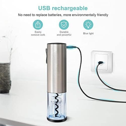 EZBASICS Electric Wine Bottle Opener kit Rechargeable Automatic Corkscrew contains Foil Cutter Vacuum Stopper and Wine Aerator Pourer with USB Charging Cable for Wine Lover 4-in-1 Gift Set, Silver