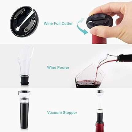 EZBASICS Electric Wine Bottle Opener kit Rechargeable Automatic Corkscrew contains Foil Cutter Vacuum Stopper and Wine Aerator Pourer with USB Charging Cable for Wine Lover 4-in-1 Gift Set, Silver