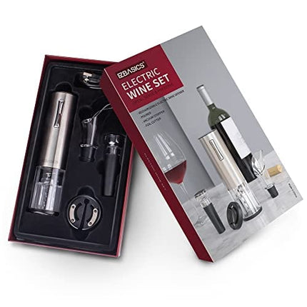 EZBASICS Electric Wine Bottle Opener kit Rechargeable Automatic Corkscrew contains Foil Cutter Vacuum Stopper and Wine Aerator Pourer with USB Charging Cable for Wine Lover 4-in-1 Gift Set, Silver