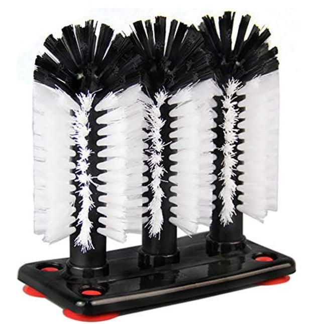 Water Bottle Cleaning Brush Glass Cup Washer with Suction Base 3 Head Bristle Brush for Beer Cup, Long Leg Cup, Red Wine Glass & More Bar Kitchen Sink Home Tools