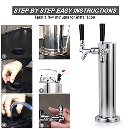 M5- FERRODAY Dual Faucet Draft Beer Tower Double Faucet Tap Beer Tower Dispenser Double Beer Tap Stainless Steel Tower Brass Faucet Stainless Core Pre-assembled Lines for Homebrew - 3" Kegerator Tower
