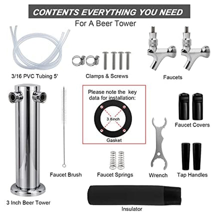 M5- FERRODAY Dual Faucet Draft Beer Tower Double Faucet Tap Beer Tower Dispenser Double Beer Tap Stainless Steel Tower Brass Faucet Stainless Core Pre-assembled Lines for Homebrew - 3" Kegerator Tower