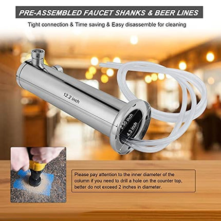 M5- FERRODAY Dual Faucet Draft Beer Tower Double Faucet Tap Beer Tower Dispenser Double Beer Tap Stainless Steel Tower Brass Faucet Stainless Core Pre-assembled Lines for Homebrew - 3" Kegerator Tower