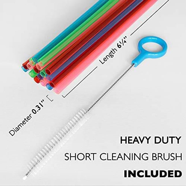 Fiesta First 20 Short Reusable Plastic Straws Medium Width + Sturdy Cleaning Brush - For Cocktails, Small Glasses or Cups, and Kids Drinks and Smoothies - Assorted Colors Value Pack - BPA PFOA Free