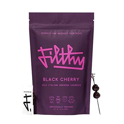 Filthy Food Black Amarena Cherrries - Premium Cocktail Cherry Garnish - Non-GMO, Vegan & Gluten Free - 24 Individually Wrapped Servings, 48 Cherries Total