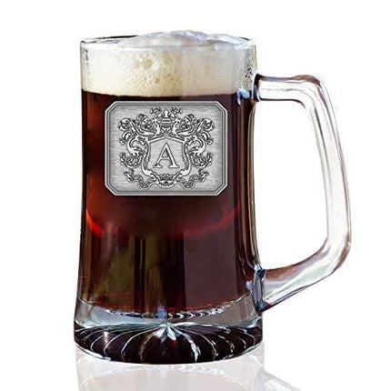 Glass Beer Mug Stein Hand Crafted Monogram Initial Pewter Engraved Large Crest with Letter A by Fine Occasion (A, 25 oz)