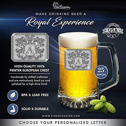 Glass Beer Mug Stein Hand Crafted Monogram Initial Pewter Engraved Large Crest with Letter A by Fine Occasion (A, 25 oz)