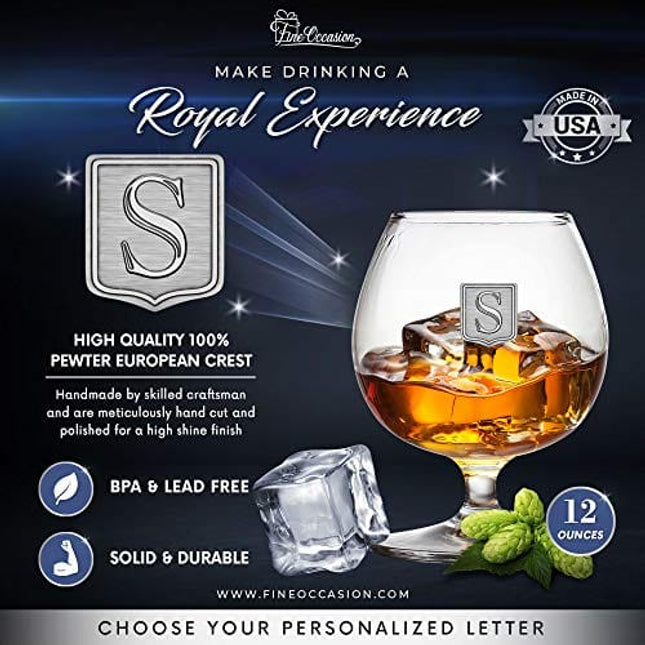 Personalized Premium Cognac Brandy Whiskey 12oz Glass Pewter Metal Monogram Initial Pewter Engraved Crest Novelty for Weddings, Birthdays or any Special Occasions by Fine Occasion – Letter S
