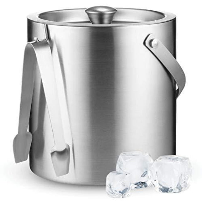 Double-Wall Stainless Steel Insulated Ice Bucket With Lid and Ice Tong [3 Liter] Included Strainer Keeps Ice Cold & Dry, comfortable Carry Handle, Great for Home Bar, Chilling Beer, Champagne and wine