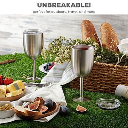 FineDine Premium Grade 18/8 Stainless Steel Wineglasses 12 Oz. Double-Walled Insulated Unbreakable Goblets (Set of 2) Stemmed Wineglass BPA-Free Leak-Resistant Lid for Red White Wine, Brushed Metal