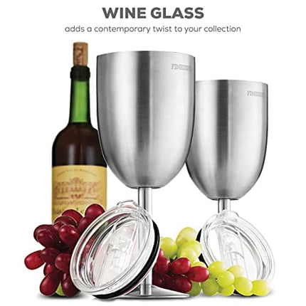 FineDine Premium Grade 18/8 Stainless Steel Wineglasses 12 Oz. Double-Walled Insulated Unbreakable Goblets (Set of 2) Stemmed Wineglass BPA-Free Leak-Resistant Lid for Red White Wine, Brushed Metal