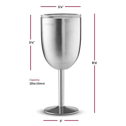 FineDine Premium Grade 18/8 Stainless Steel Wineglasses 12 Oz. Double-Walled Insulated Unbreakable Goblets (Set of 2) Stemmed Wineglass BPA-Free Leak-Resistant Lid for Red White Wine, Brushed Metal
