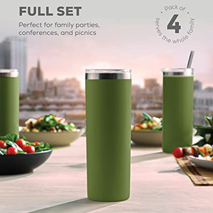 Advanced Mixology Insulated Skinny Stainless Steel Tumbler Set - 4-Pack 20oz Coffee Tumbler with Straw - Travel Coffee Mug With PBA Free Lids - Slim Vacuum Insulated Tumblers Keep Hot and Cold - Great for Home, Office.