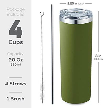 Advanced Mixology Insulated Skinny Stainless Steel Tumbler Set - 4-Pack 20oz Coffee Tumbler with Straw - Travel Coffee Mug With PBA Free Lids - Slim Vacuum Insulated Tumblers Keep Hot and Cold - Great for Home, Office.