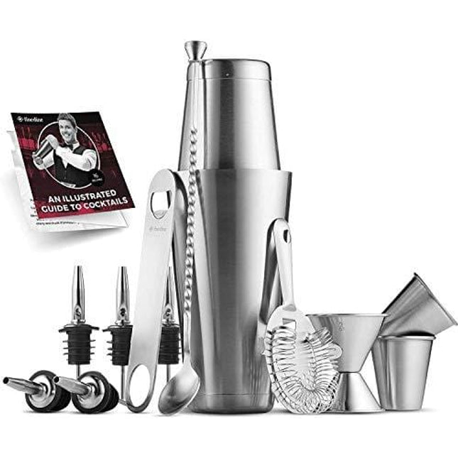 Premium Cocktail Shaker Bar Tools Set (14 piece) Brushed Stainless Steel Bartender Kit, with All Bar Accessories, Cocktail Strainer, Double Jigger, Bar Spoon, Bottle Opener, Pour Spouts
