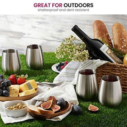Stainless Steel Wine Glasses - Set of 4 Large & Elegant 18 Oz. Premium Grade 18/8 Stainless Steel Red & White Stemless Wine Glasses, Unbreakable, Portable Wine Tumbler, for Outdoor Events, Picnics
