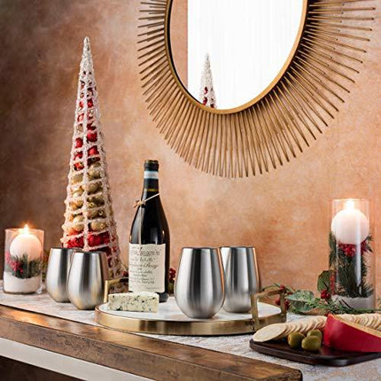 Stainless Steel Wine Glasses - Set of 4 Large & Elegant 18 Oz. Premium Grade 18/8 Stainless Steel Red & White Stemless Wine Glasses, Unbreakable, Portable Wine Tumbler, for Outdoor Events, Picnics