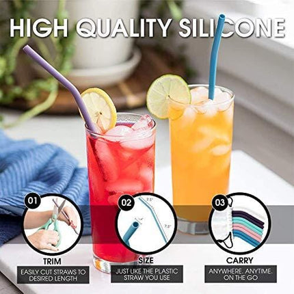 Flathead Bent Reusable Silicone Drinking Straws w/Cleaning Brush - Extra long for 30oz and 20oz tumblers and BPA Free (Set of 10)