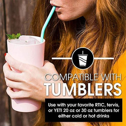 Flathead Bent Reusable Silicone Drinking Straws w/Cleaning Brush - Extra long for 30oz and 20oz tumblers and BPA Free (Set of 10)