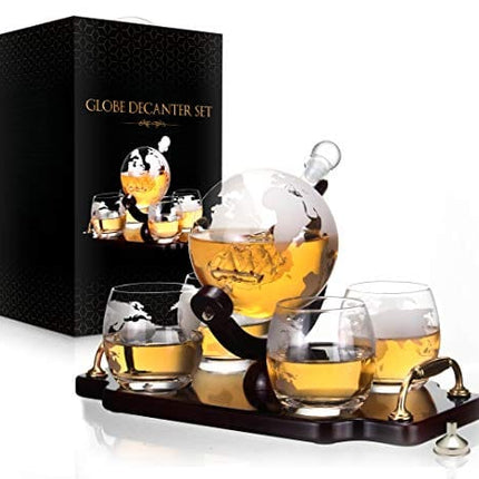 Whiskey Decanter Globe Decanter and Glass Set Whiskey Decanter Globe Set Antique Ship Decanter Masterpiece Great Gift for Men 28 oz 850 ml 4 Whiskey globe Glasses for Whisky Brandy Scotch Bourbon
