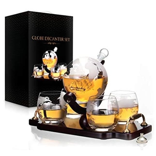 Whiskey Decanter Globe Decanter and Glass Set Whiskey Decanter Globe Set Antique Ship Decanter Masterpiece Great Gift for Men 28 oz 850 ml 4 Whiskey globe Glasses for Whisky Brandy Scotch Bourbon