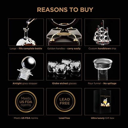 Whiskey Decanter Globe Decanter and Glass Set Whiskey Decanter Globe Set Antique Ship Decanter Masterpiece Great Gift for Men 28 oz 850 ml 4 Whiskey globe Glasses for Whisky Brandy Scotch Bourbon