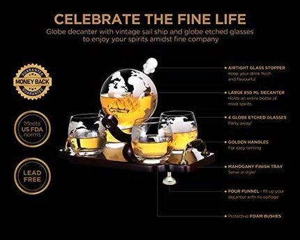 Whiskey Decanter Globe Decanter and Glass Set Whiskey Decanter Globe Set Antique Ship Decanter Masterpiece Great Gift for Men 28 oz 850 ml 4 Whiskey globe Glasses for Whisky Brandy Scotch Bourbon