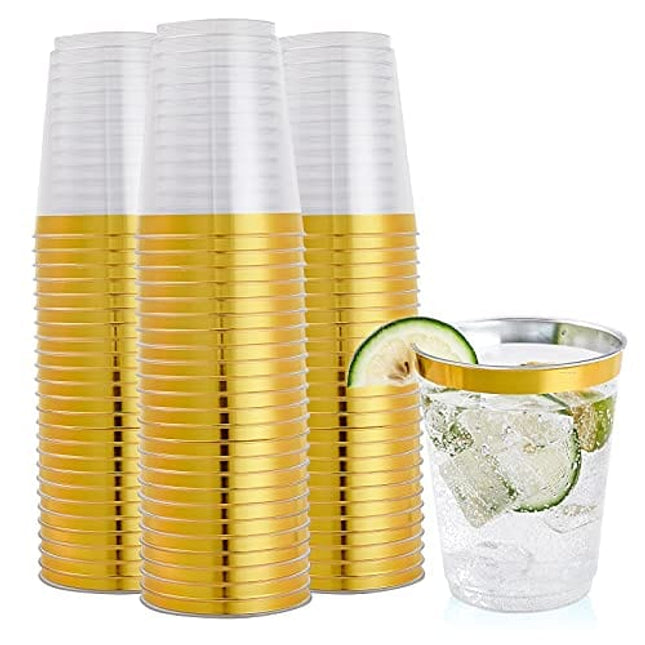 FOCUSLINE 100 Pack Gold Rimmed Plastic Cups 10oz Clear Plastic Cups Tumblers, Fancy Disposable Hard Plastic Cups with Gold Rim for Wedding Cups Elegant Party Cups