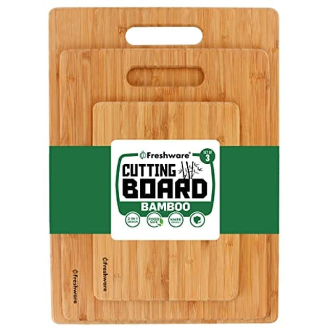 Bamboo Cutting Boards for Kitchen [Set of 3] Wood Cutting Board for Chopping Meat, Vegetables, Fruits, Cheese, Knife Friendly Serving Tray with Handles