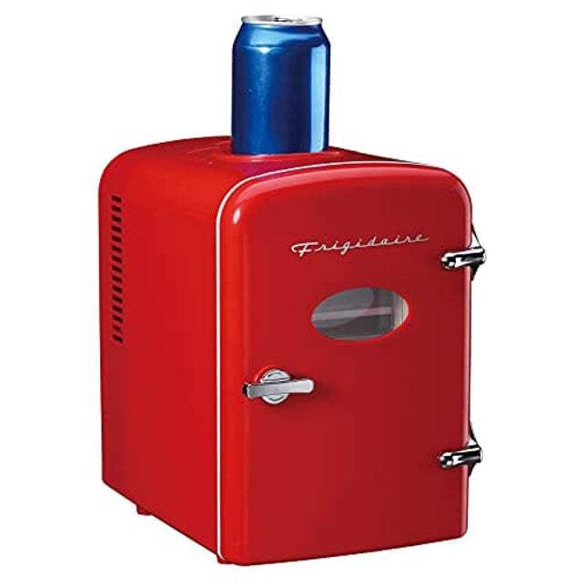 Frigidaire Mini Portable Compact Personal Fridge, 6+1 Can Capacity with Active Cooling Can Holder on Top, 100% Freon-Free & Eco Friendly, Includes AC/DC Wall/Car Charger (Red)