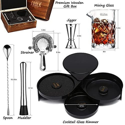Frolk Complete Bar Set - Bar Tools - Cocktail Set: Mixing Glass, Cocktail Glasses Rimmer, Spoon, Muddler, Jigger - Mixology Bar Accessories Tool Kit - Bartender Barware Mixer Set in Wooden Gift Box