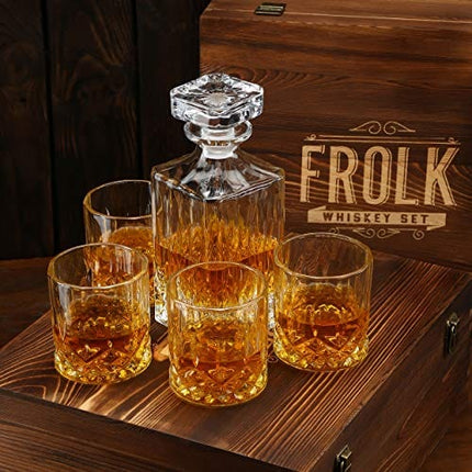 Whiskey Decanter and Glass Set - Whisky Glasses Sets for Men - 4 Extra Large Scotch Old Fashion Glasses with Classic Decanter, Stone Coasters - Bourbon Decanter Gift Set for Men - Home Bar Set in Box