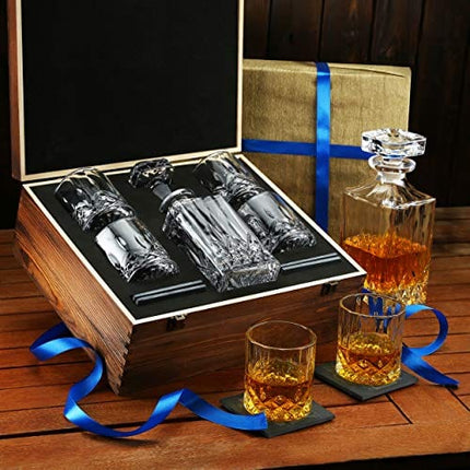 Whiskey Decanter and Glass Set - Whisky Glasses Sets for Men - 4 Extra Large Scotch Old Fashion Glasses with Classic Decanter, Stone Coasters - Bourbon Decanter Gift Set for Men - Home Bar Set in Box