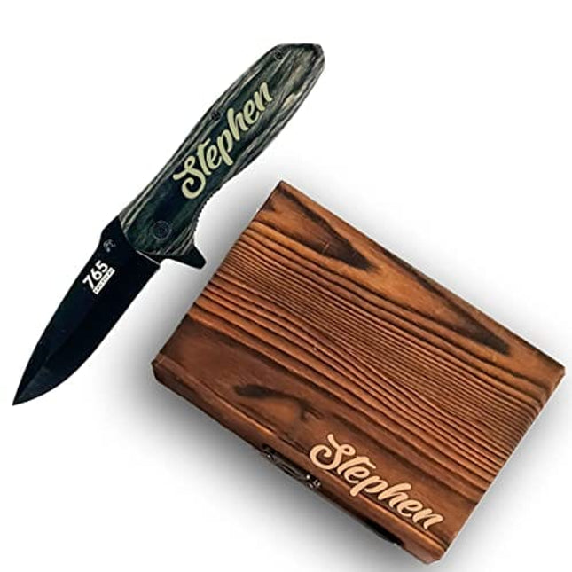 Christmas Gifts For Guys, Custom Engraved Pocket Knife - Fishing, Camping, Hunting Knife - Personalized Gift - Perfect for Groomsmen, Birthday, Anniversaries & More - Sturdy Wooden Handle & Sharp, Thick Blade