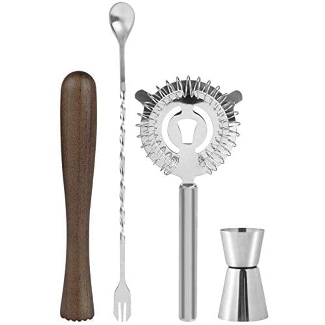 FunPa Wooden Muddler for Cocktail - 8inch Measuring Jigger Strainer Mixing Spoons Create Mojitos and Fruit Drinks