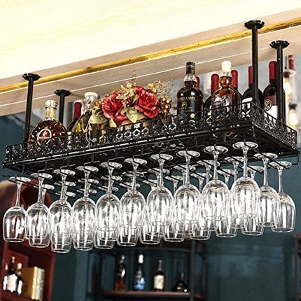 FURVOKIA Industrial Vintage Metal Bar Wine Glass Hanging Rack,Retro Upside Down Stemware Goblet Wine Glass Holder,Tableware Bottle Floating Shelf for Home Kitchen (Black, 47.2''L)