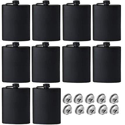 Flasks for Liquor for Men, Matte Black 8 Oz Stainless Steel Leakproof and Funnel, with Never-Lose Metal cap, Hip Flask for Wedding Party Outdoor Activities, Set of 10