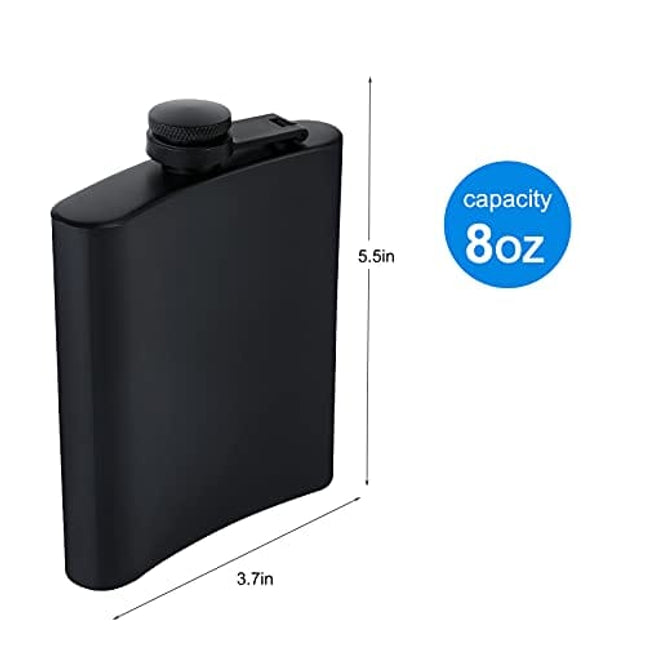 Flasks for Liquor for Men, Matte Black 8 Oz Stainless Steel Leakproof and Funnel, with Never-Lose Metal cap, Hip Flask for Wedding Party Outdoor Activities, Set of 10